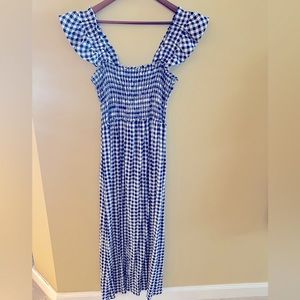 NWOT.  Off Shoulder Flowing Blue/ White Long Dress.  Size Large.